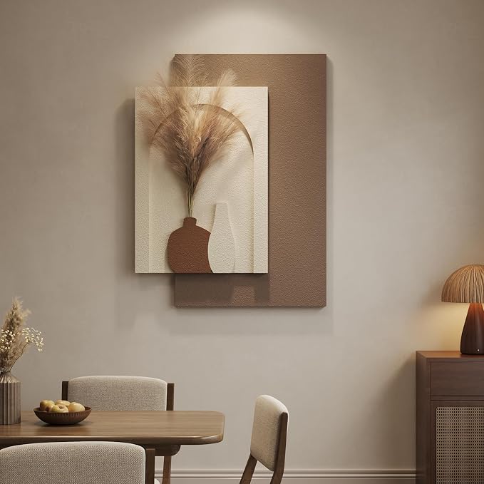 Cuspin Boho 3D Textured Wall Art, Neutral Artwork for Walls with Pampas | Beige Brown Sandstone Textured, Faux Pampas, Layered Panle Design, Art for Living Room Bedroom Dining Room