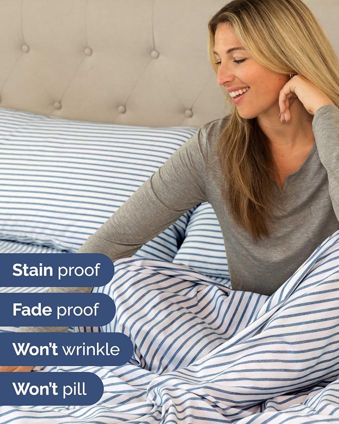 Flex Top Split Head King 6 Piece Sheet Set - Soft & Cooling - Blue Stripes | Ultra Soft Hotel Luxury Bedding Set w/ 8-16 Inch Deep Pockets, 1 Flat & 1 Split-Head Fitted Sheet & 4 Pillowcases, Fade Free