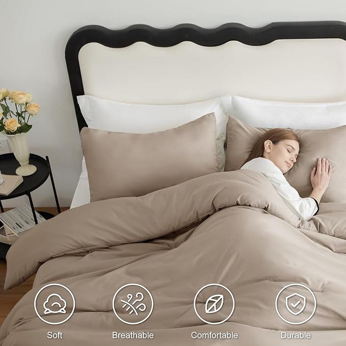 Queen Comforter Set, 3 Pieces Down Alternative Bedding, Khaki | 270 GSM All Season Comforter with 4 Corner Ties for Use as a Duvet Insert, OEKO-TEX Certified, 2 Pillowcases, 88 x 88 in