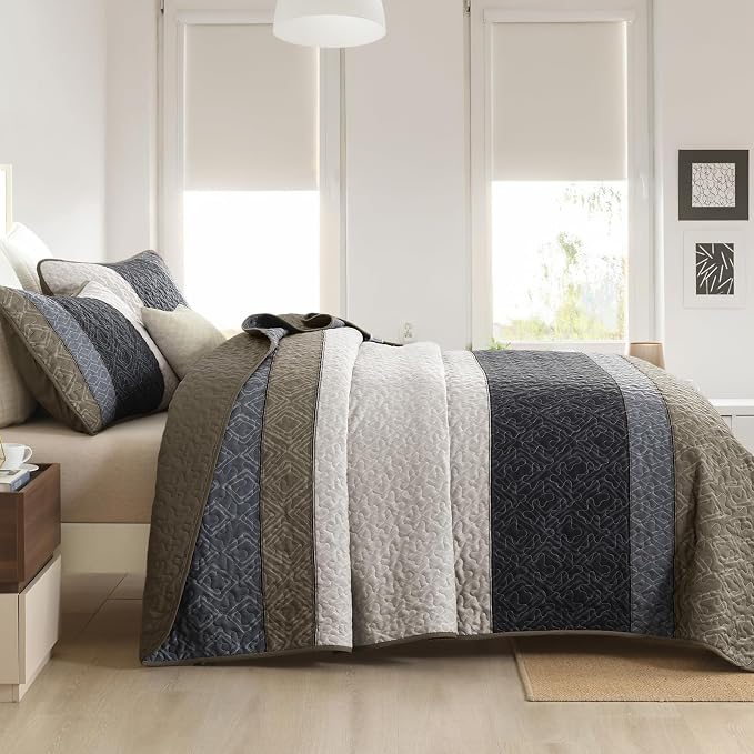 Cottolester Boho Quilt Set King,Black Taupe Striped Plaid Coverlet Set | Lightweight Bedspreads with 2 Pillow Shams,Soft Microfiber,All Season Bed Coverlets for Bedroom Guest Room 110"x90"