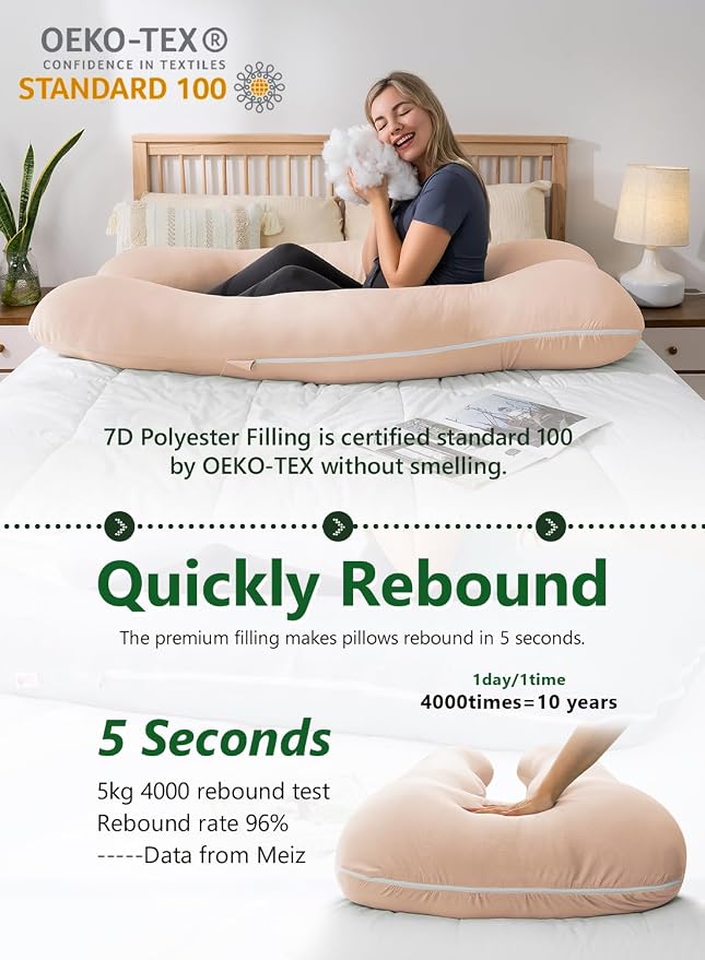 Meiz Pregnancy Pillows, Pregnancy Pillows for Sleeping Cooling, U Shaped Full Body Pillow for Adult, Rayon Cover from Bamboo, Light Apricot