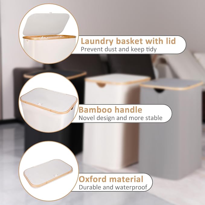 IEGrow Laundry Hamper with Lid,150L Laundry Basket with 2 Mesh Bags,Beige | Dirty Clothes Hamper Basket with Bamboo Handle for Clothes Towels