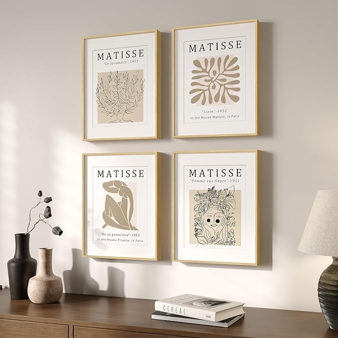 Framed Neutral Beige Matisse Minimalist Wall Art for Bathroom, 11x14 Inch | Set of 4 pieces, Abstract modern, Botanical prints, Living room, Dining room, Bedroom, Home office decor