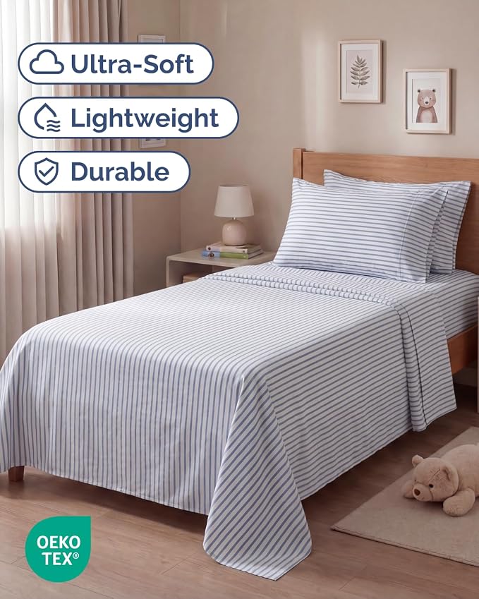 Twin 4 Piece Bed Sheet Set - Breathable & Cooling Sheets - Blue Stripes | Ultra Soft Hotel Luxury Bedding Set with 8-16 Inch Deep Pockets, 1 Flat & 1 Fitted Sheet & 2 Pillowcases, Wrinkle & Fade Free