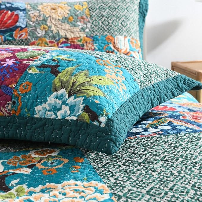 ENASAL Cotton Bedspread Quilt Sets Reversible Bedding Coverlet Sets Comforters, Patchwork Vintage Floral Turquoise Bedspread, King Size