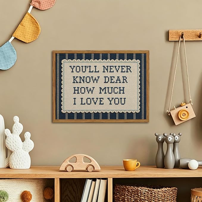 Framed You'll Never Know Dear How Much I Love You Wall Art, Vintage Nursery Blue Striped Pictures Wall Decor, Inspirational Quote Paintings Canvas Prints for Baby Boy Bedroom Living Room 12x16 inch