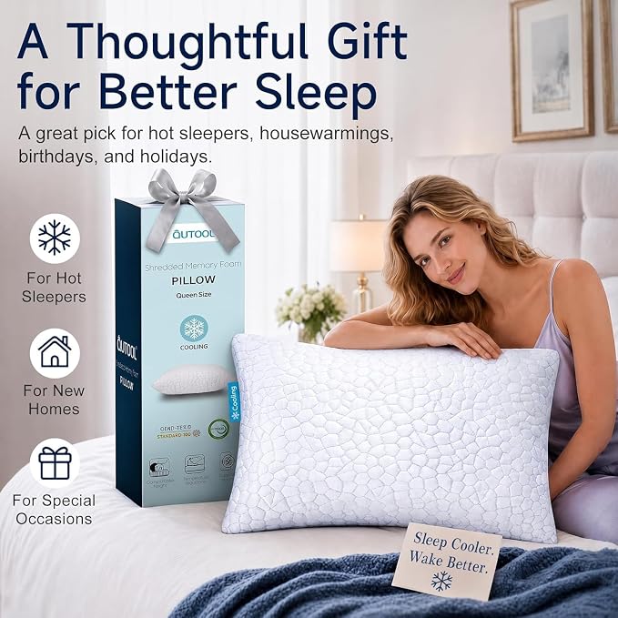 QUTOOL Cooling Pillow for Sleeping, CertiPUR-US Shredded Memory Foam King Pillow Set of 1, Cool Pillow for Hot Sleepers Adjustable Firm Pillow for Side, Back, Stomach Sleepers Soft Yet Support, White