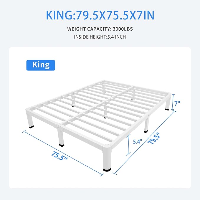 MAF 7 Inch King Metal Platform Bed Frame White with Round Corner Legs | Mattress Slide Stopper, 3000 LBS Heavy Duty Steel Slats Support, Noise Free, No Box Spring Needed, Easy Assembly, Anti-Slip