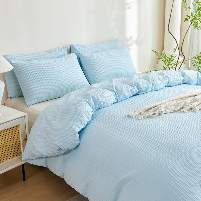 Light Blue Striped Comforter Set Queen Soft Luxury Washed Microfiber Jacquard 3 Pieces Bedding, Blue Vertical Ticking Stripes Comforter with 2 Pillowcases Breathable Durable Comfy