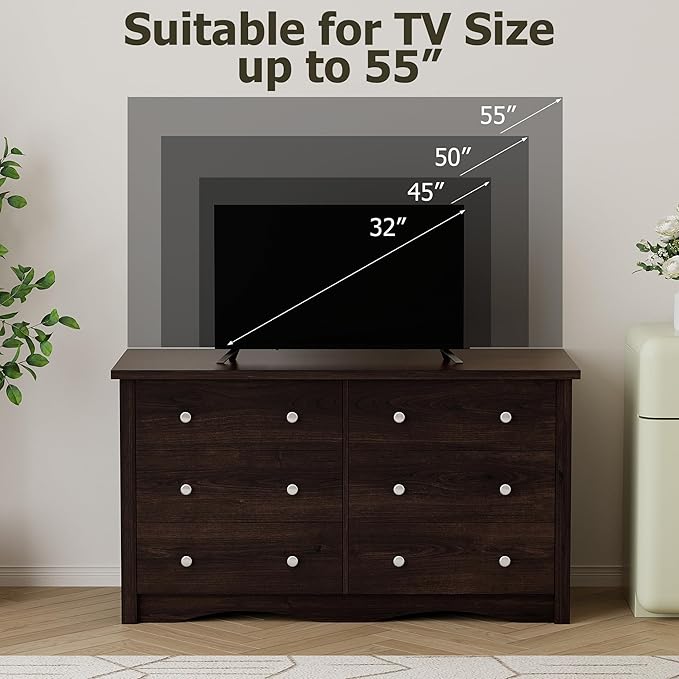 Shahoo Dresser for Bedroom with 6 Drawers, 47.2" Wood Dresser, Brown | Chests of Drawers, Anti-tip, Storage Organizer, TV Stand for Living Room, Closet, Hallway, Dormitory