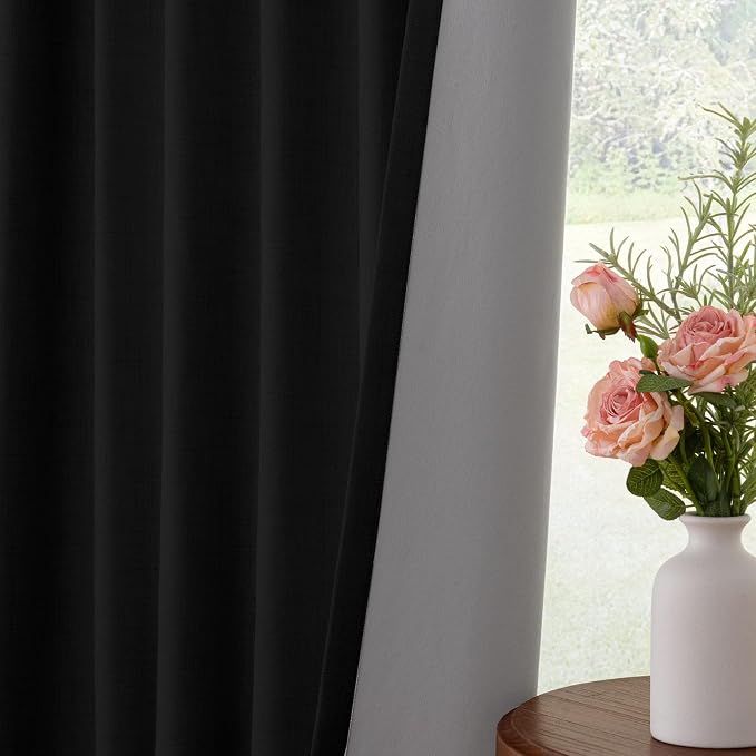 INOVADAY 100% Blackout Curtains for Bedroom Black Out Curtain 102 Inch Long | Black Curtains for Living Room 2 Panels, Clip Rings Linen Look Blackout Drapes, Thermal Insulated Room Darkening,W50xL102