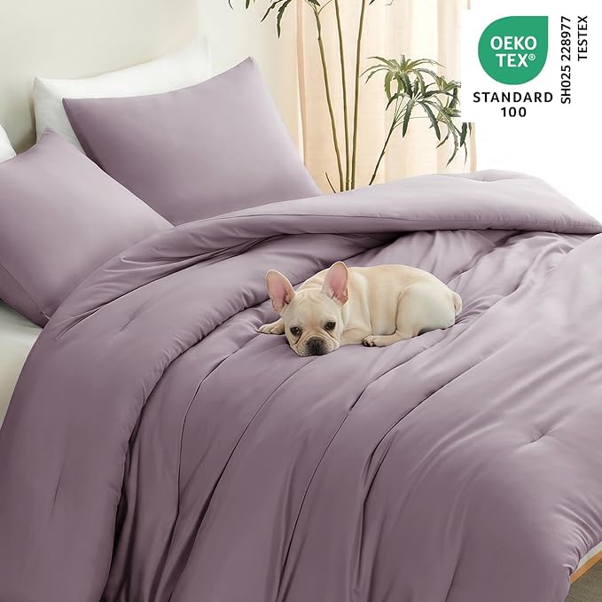 Oversized Queen Comforter Set 3 Pieces Dusty Purple Quilted Bedding | 270 GSM Down Alternative Fill, 4 Corner Ties for Duvet Insert Use, All Season, OEKO-TEX Certified, 2 Pillowcases, 98 x 98 in
