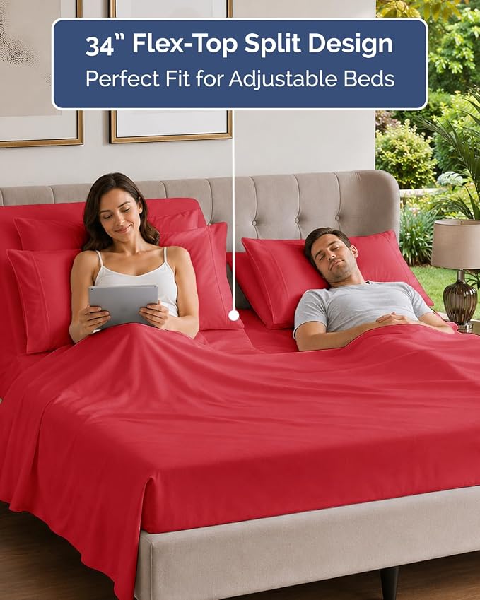 Flex Top Split Head King 6 Piece Sheet Set - Breathable & Cooling - Red | Ultra Soft Hotel Luxury Bedding Set w/ 8-16 Inch Deep Pockets, 1 Flat & 1 Split-Head Fitted Sheet & 4 Pillowcases, Fade Free