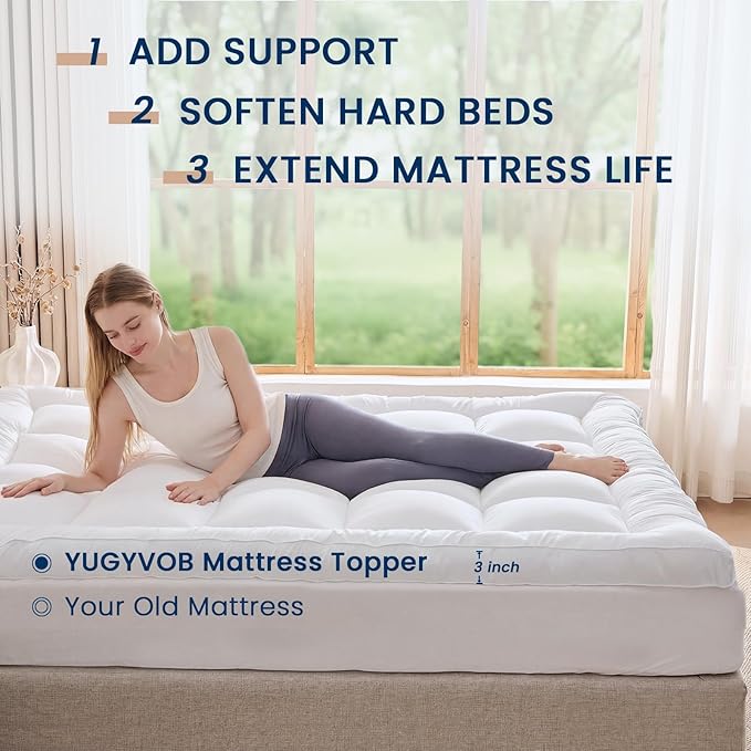 YUGYVOB Full Size Mattress Topper Extra Thick, Cooling Plush Mattress Pad | Soft & Breathable Brushed Cover, Down Alternative Fill, Pillow Top Bed Topper with 8-21" Deep Pocket