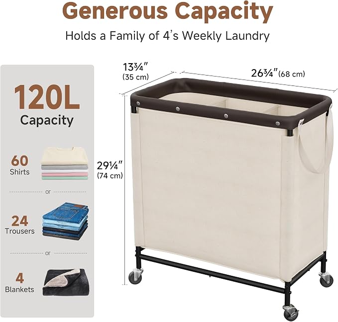 StorageWorks 3 Section Laundry Hamper, 120L Beige Sorter Cart with Wheels | 3 Section Beige Sorter Cart, Rolling Organizer for Bedroom, Bathroom, Apartment, Hotel