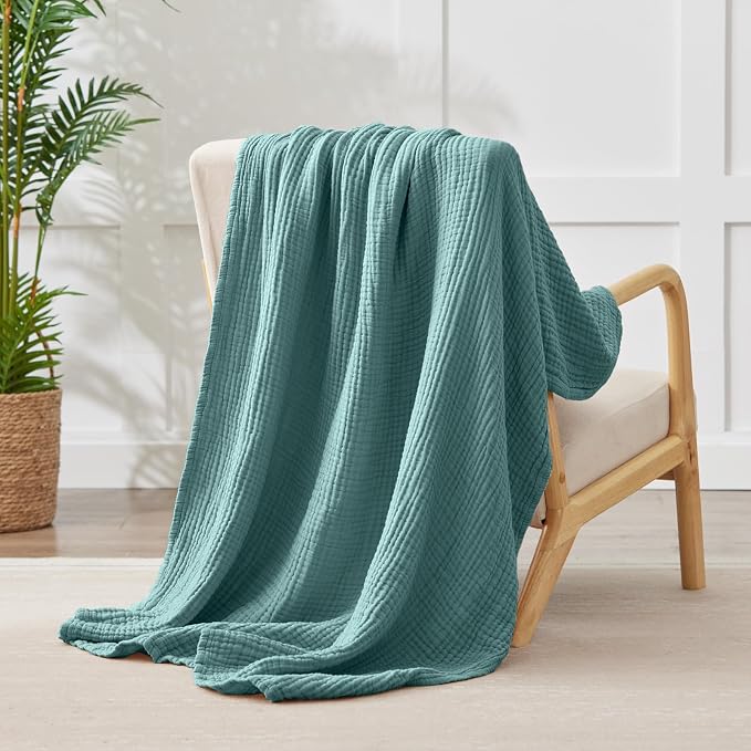100% Cotton Muslin Blanket Twin 60" x 80", Breathable and Lightweight Cotton Twin Blankets for Couch, Soft Cooling Summer Gauze Blanket for Adults All Season, Teal Blue