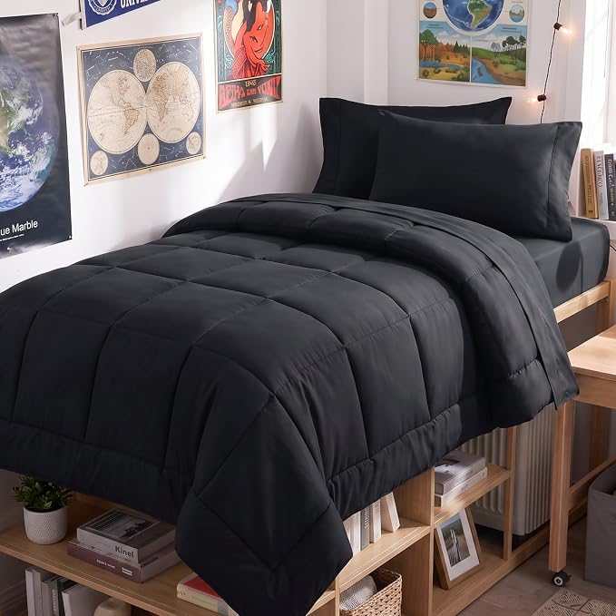 Twin XL Comforter Set Black - 5 Pieces Twin XL Bed in a Bag | College Dorm Essentials, OEKO-TEX Certified, All Season, Down-Alternative Comforter + Flat & Fitted Sheets + 2 Pillowcases