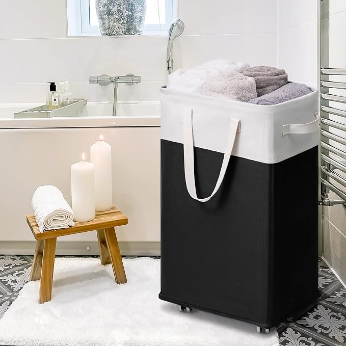 Goodpick 2-Pack Rolling Laundry Basket with Wash Bag, Hamper for Dorm, 75L | Laundry Hamper with Wheels & Handles for Dirty Clothes, Clothes Hamper, Dorm Room Essentials, Black & White