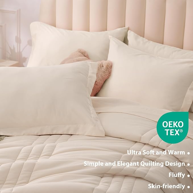 King Comforter Set Beige - Bed in a Bag King Size 7 Pieces, Soft Bedding Set for All Seasons, Premium King Comforter Set with Comforter, Sheets, Pillowcases & Shams