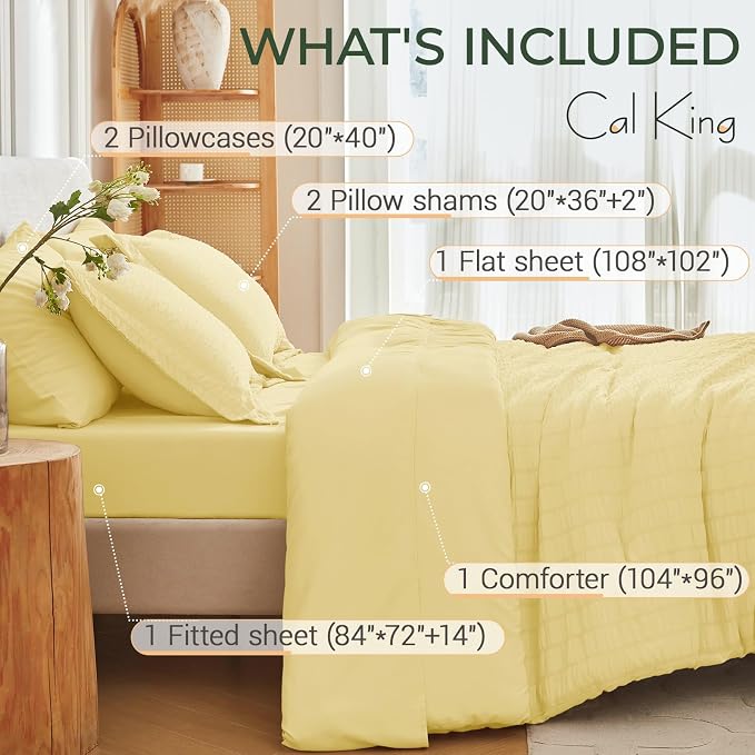 7 Pieces California King Comforter Set, Seersucker Bed in a Bag Cal King Size, All Season Luxury Bedding Set with Comforter, Flat Sheet, Fitted Sheet, Pillowcases & Shams, Yellow