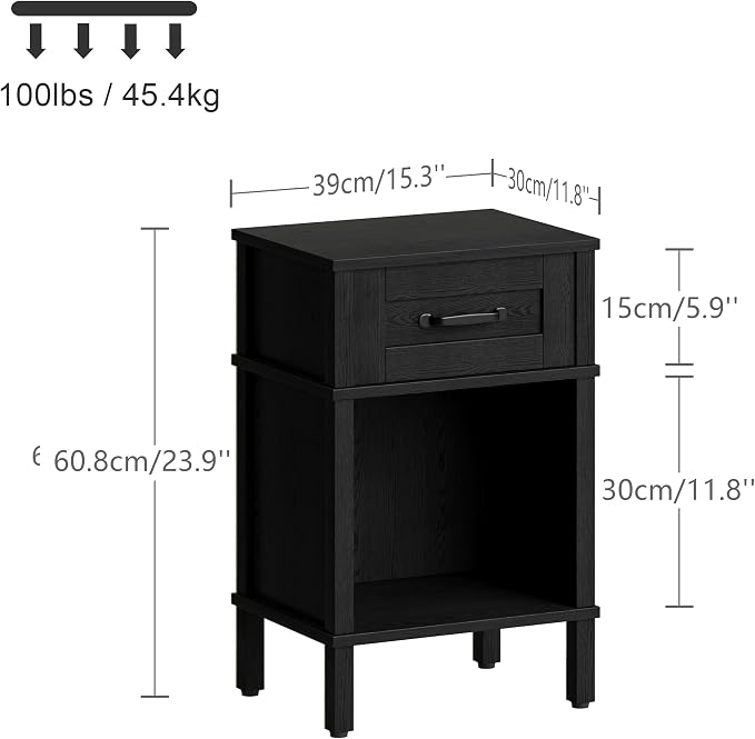Black Nightstand with Drawers,Small Night Stand,Black Bedside Table | Morden Nightstand,Black Wood Nightstand,Bedside Table with Drawers,Farmhouse End Table,Black Side Tables Bedroom LET512B