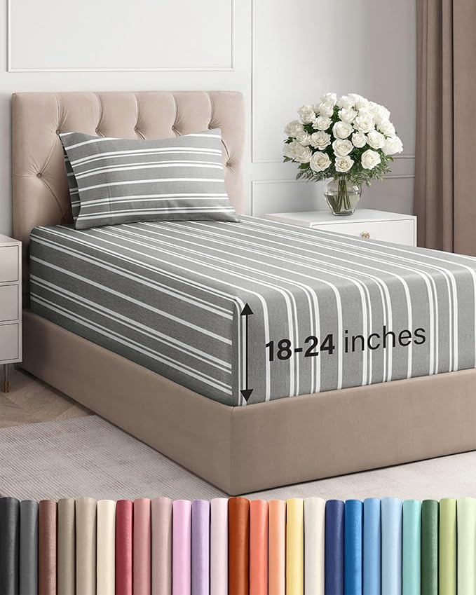 Extra Deep Twin Sheet Set - 3 Piece Breathable & Cooling - Grey Stripes | Easily Fits 18 to 24 inch Mattress - Ultra Soft, Wrinkle & Fade Free with Extra Deep Pockets - Comfy Hotel Luxury Bedding