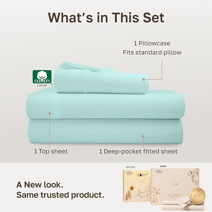 California Design Den 100% Cotton Sateen Twin/XL Sheets, 3 Pcs Set, Seafoam | 400 Thread Count Backed by Good Housekeeping Seal, All-Around Elastic, Durable, Easy Care, OEKO-TEX certified