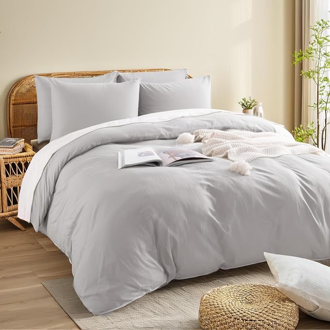 NEXHOME PRO Duvet Cover Set Queen Size Linen Feel Textured Organic Natural 100% Washed Cotton Duvet Cover 3 Pieces Bedding Set with Zipper Closure, Breathable, Soft, Light Grey (No Comforter)