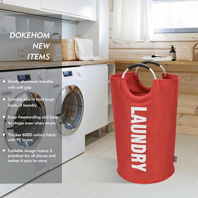DOKEHOM 125L X-Large Laundry Basket Bag, Collapsible Tall Hamper, Red | Freestanding tall washing bin & foldable laundry bag. Extra large clothes storage basket with durable sturdy handles