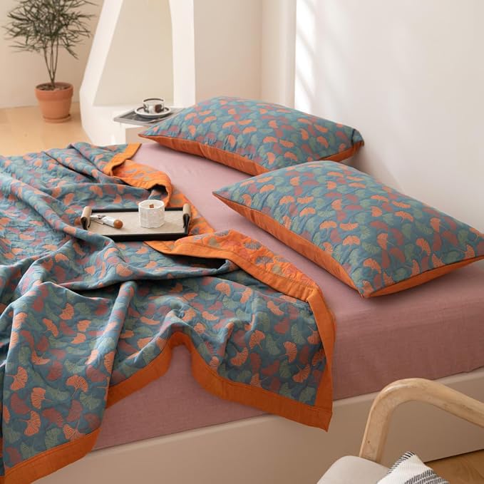 100% Cotton Muslin Blanket Jacquard Floral Ginkgo Leaves Print Quilt, Soft Bed Cover 3 Layers Reversible Bedspread Coverlet Breathable Lightweight Bedding King(98"x94"), No Pillow Sham