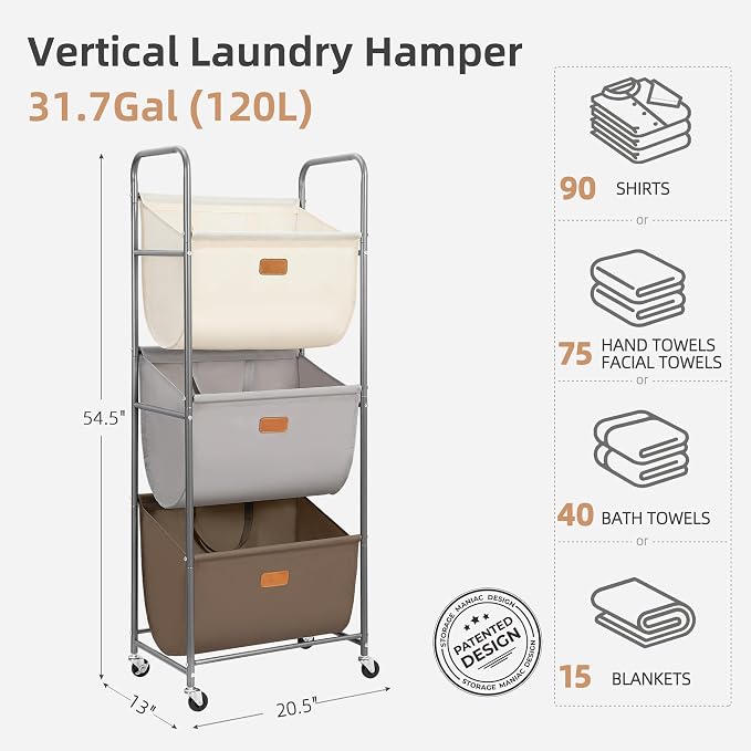 STORAGE MANIAC 120 Liters Vertical Rolling Laundry Hamper, 3 Section Laundry Sorter with Wheels and 2 Breaks, 3-tier Laundry Baskets for Small Space, Dorm, Laundry Room, Closet, Multicolored 3-tier