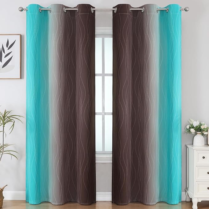 Brown and Teal Ombre Blackout Curtains for Bedroom 84 Inch | Light Blocking Gradient Curtains for Living Room,Thermal Insulated,Room Darkening Grommet Window Drapes,42Wx84L,2 Panels Set