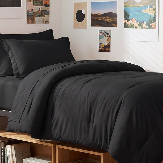 Twin XL Comforter Black, 5 Pieces Bed in a Bag | College Dorm Essentials, OEKO-TEX Certified, 240GSM Down Alternative Comforter, Flat & Fitted Sheets, Pillowcase & Sham
