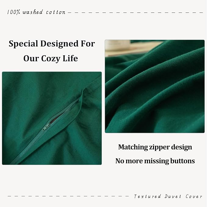 BDEAR 3Pcs Forest Green Duvet Cover Set King Size 104" W x 90" L,Oeko TEX | 100% Washed Cotton, 1 Duvet Cover with 2 Pillowcases, Zipper Closure, 8 Corner Ties,Linen-Liked Texture, Skin Friendly