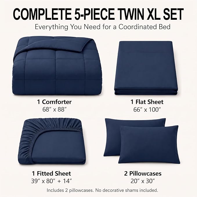 Twin XL Comforter Set Navy Blue - 5 Pieces Twin XL Bed in a Bag | College Dorm Essentials, OEKO-TEX Certified, All Season, Down-Alternative Comforter + Flat & Fitted Sheets + 2 Pillowcases