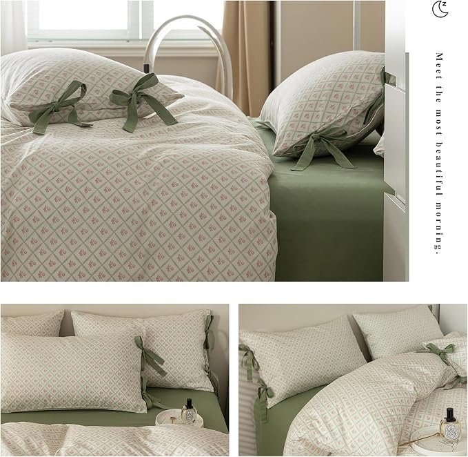 mixinni Red Floral Duvet Cover Set Full Size - 100% Cotton Green Grid Bedding with Bow Ties, 3PC Cottagecore Comforter Cover (1 Duvet Cover + 2 Pillowcases) Vintage Garden Style Soft Aesthetic