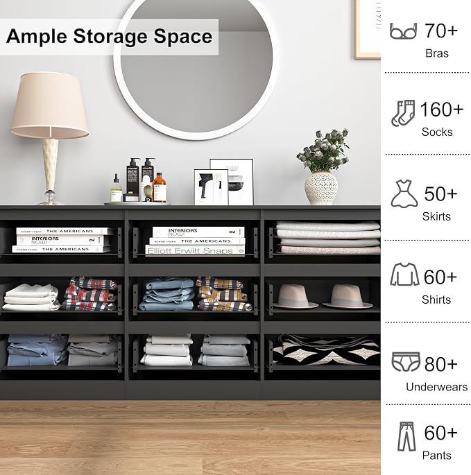 Vibe & Dine Black Dresser 9 Drawer, Modern Long Dresser for Bedroom, Wood Chest of Drawers with Wide Storage for Living Room