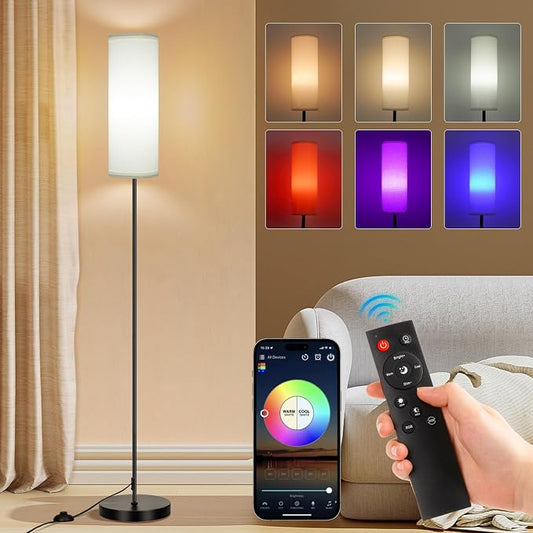FRIDEKO HOME Floor Lamp, 9W 800LM Color Changing Smart Bulb, White Shade | Music Sync Light, App & Remote Control, Dimmable & Adjustable Color Temperature Standing Lamp for Living Room Bedroom Gaming