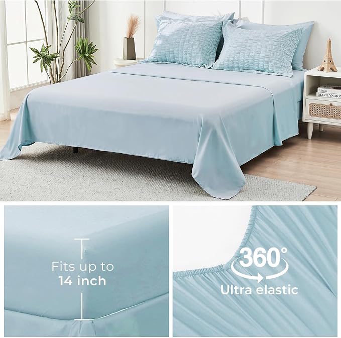 HYMOKEGE Lake Blue California King Comforter Set Seersucker 7 Pieces, All Season Luxury Bed in a Bag for Bedroom, Bedding Set with Comforters, Sheets, Pillowcases & Shams