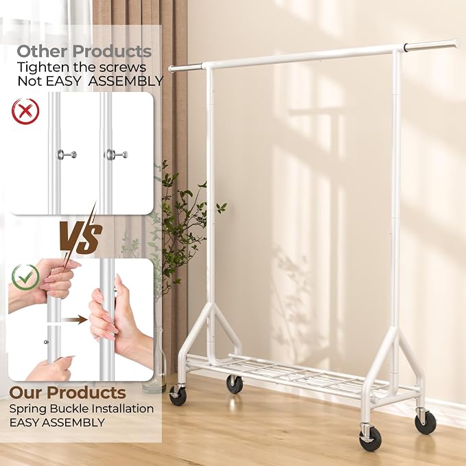 HYSEYY Heavy Duty Clothes Rack Load 450 LBS, Metal Garment Rack, Standing Rolling Clothing Rack for Hanging Clothes with Sturdy Wheels & Shelves, Portable Closet Wardrobe Rack,White