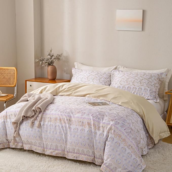 OAITE King Floral Pattern Duvet Cover Set Unique Design 3pcs 100% Cotton | Exquisite Stitched Hem, Breathable,Soft,Dual Zipper,8 Corner Ties,Easy Care for All Season