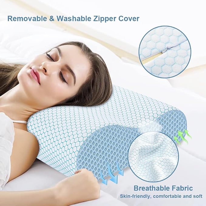Anvo Memory Foam Pillow, Neck Contour Cervical Orthopedic Bed Pillow for Sleeping Side Back Stomach Sleeper, Ergonomic Design for Neck and Shoulder Pain Relief, Blue White, Firm