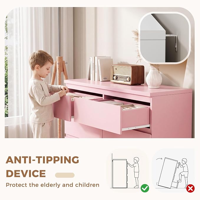 6 Drawer Double Dresser for Bedroom, Modern Simply Chest of Drawers, Wood Storage Dresser with Anti-Tipping for Living Room Hallway Entryway, Nursy Pink (15.3" D x 47.2" W x 32.3" H)