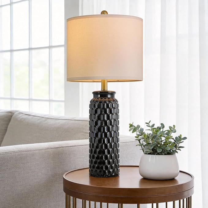 USumkky 27" Ceramic Table Lamps Set of 2 - Modern Farmhouse & Boho Style, Bedside Nightstand Lamps for Bedroom, Living Room End Table Lamps, Small Desk Lamp(Black)