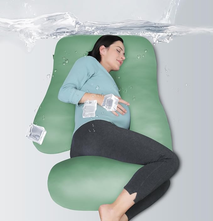 MOON PARK Pregnancy Pillows for Sleeping - U Shaped Full Body Maternity Pillow with Removable Cover - Support for Back, Legs, Belly, Hips - 57 Inch - Green - Cooling Cover