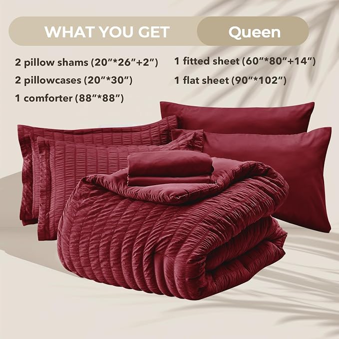 HYMOKEGE Burgundy Queen Comforter Set Seersucker 7 Pieces, All Season Luxury Bed in a Bag for Bedroom, Bedding Set with Comforters, Sheets, Pillowcases & Shams
