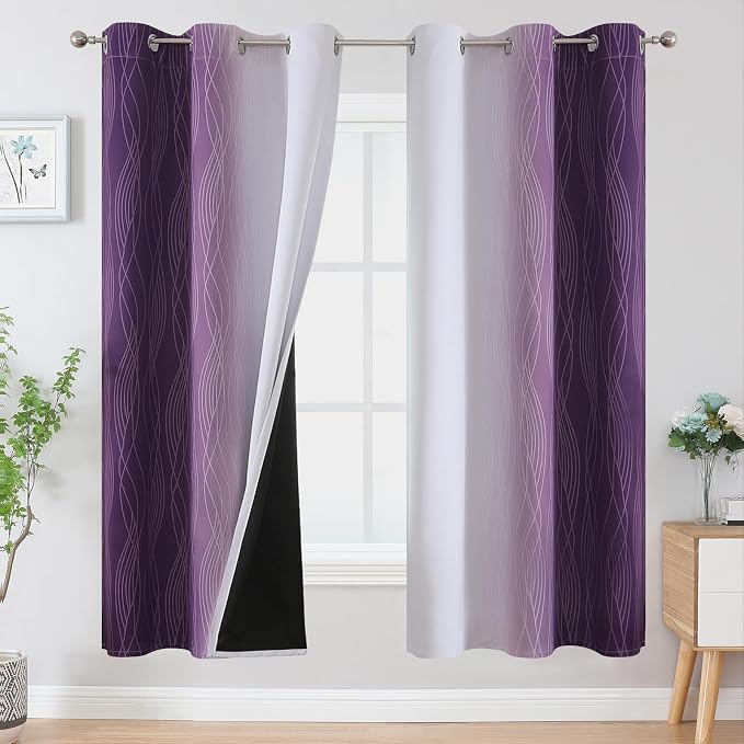 Purple and Greyish White Ombre Blackout Curtains for Bedroom 72 Inches Long | Estelar Textiler Living Room Darkening Gradient Curtain,Light Blocking,Thermal Insulated Grommet Window Drapes,42x72,2 Panels