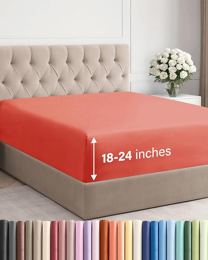 Extra Deep King Fitted Sheet - Single Fitted Sheet Only - Coral | Easily Fits 18 inch to 24 inch Mattress, Soft, Wrinkle Free, Breathable & Comfy, Extra Deep Pockets Hotel Luxury Fitted Sheet