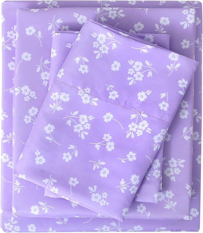 Viviland King Sheet Set - 4 Piece Cute Purple and White Flower Patterned Bed Sheets - Soft, Breathable Microfiber Sheets with Deep Pocket, Non-Slip Fitted Sheets & Pillowcases
