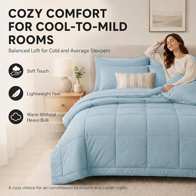 Full Size Comforter Sets Light Blue - 7 Pieces Bed in a Bag | OEKO-TEX Certified, All-Season, Bedroom, Guest Room, Down-Alternative Comforter + Flat & Fitted Sheets + 4 Pillowcases